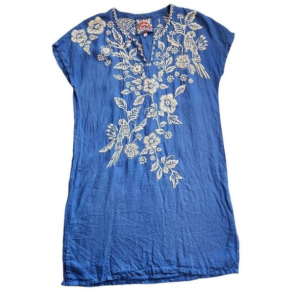 Johhny Was Dress Womens XS 100% Linen Embroidered Floral Birds Boho Oversized - Picture 2 of 7